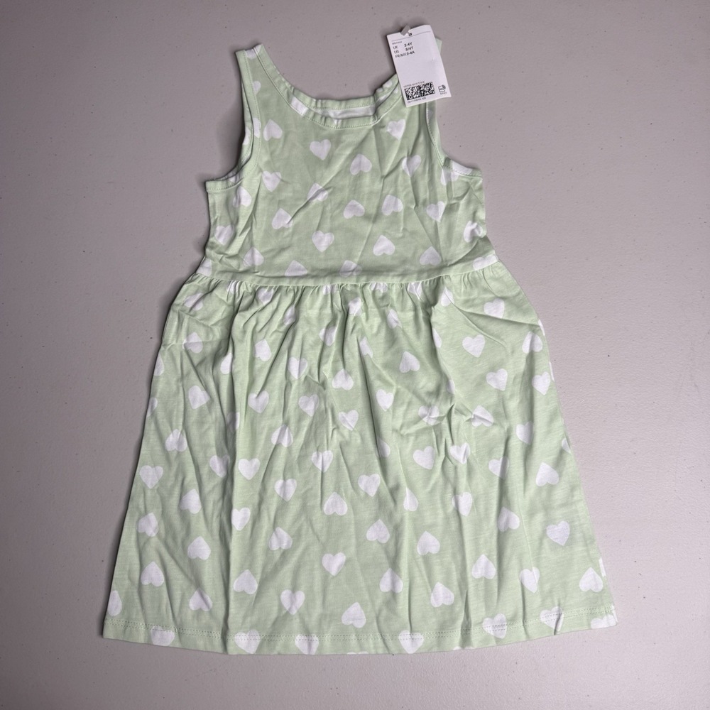 NWT H&M Kids Printed Dress Size 3/4T Green with White Hearts Pattern